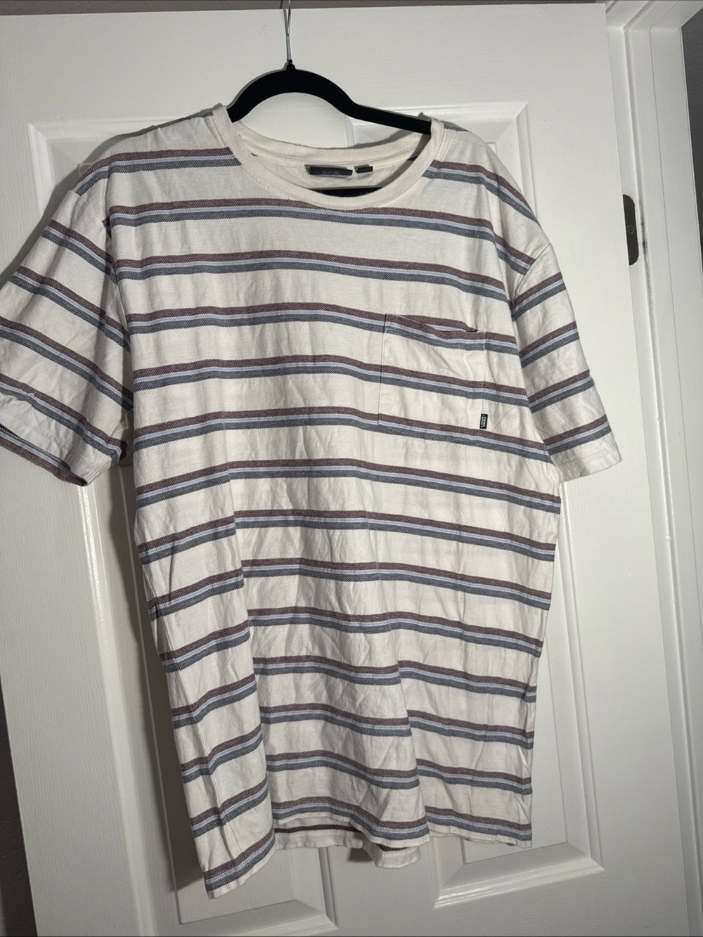 Vans White Short Sleeve Pocket Tee with Blue and Brown Stripes